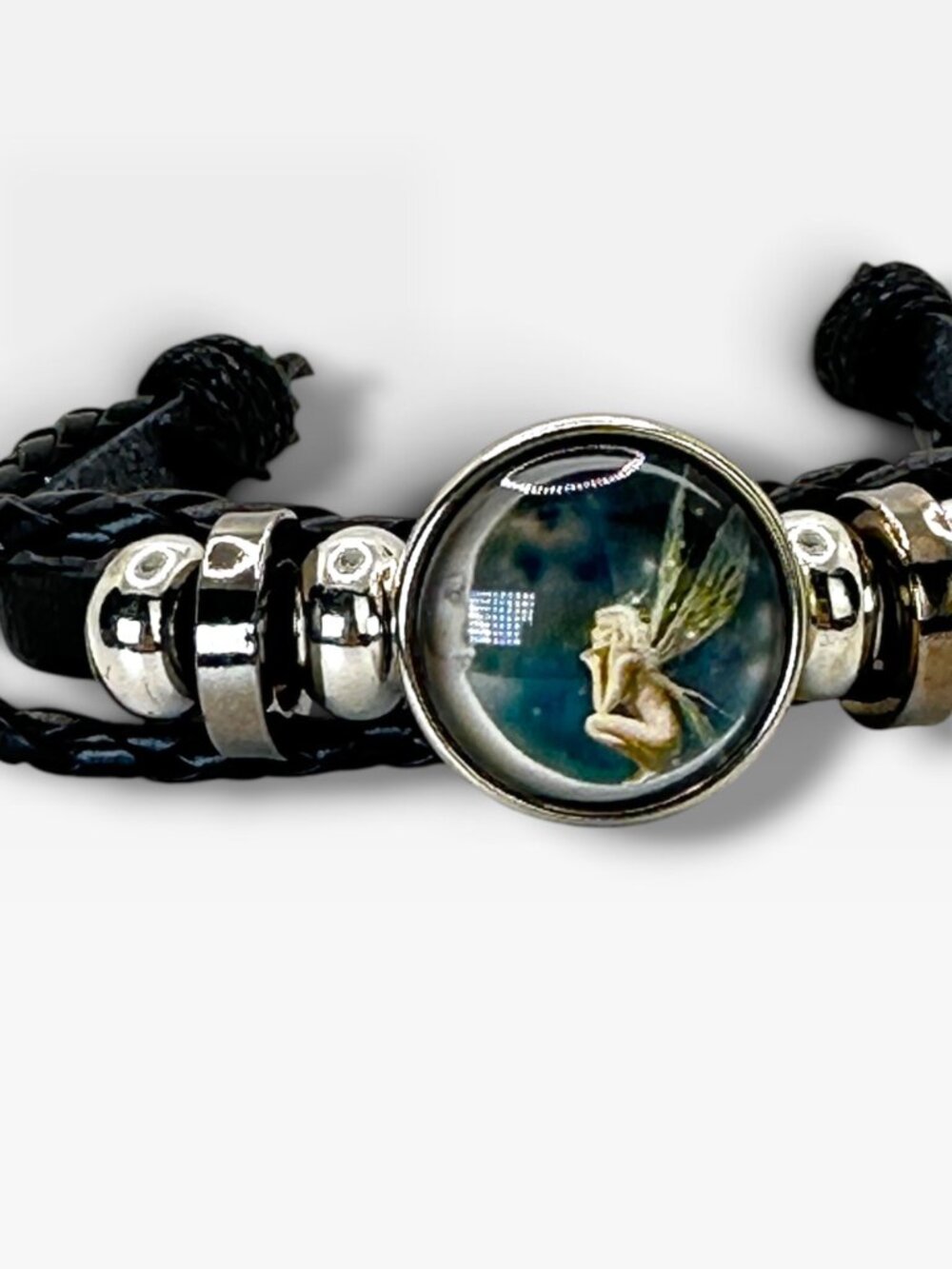 Fairy Pendant Adjustable Black Leather Bracelet With Braided Cord & Metal Beads